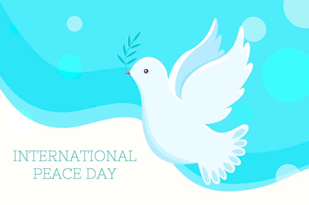 Dove of peace flying with green olive twig international peace day flat vector banner