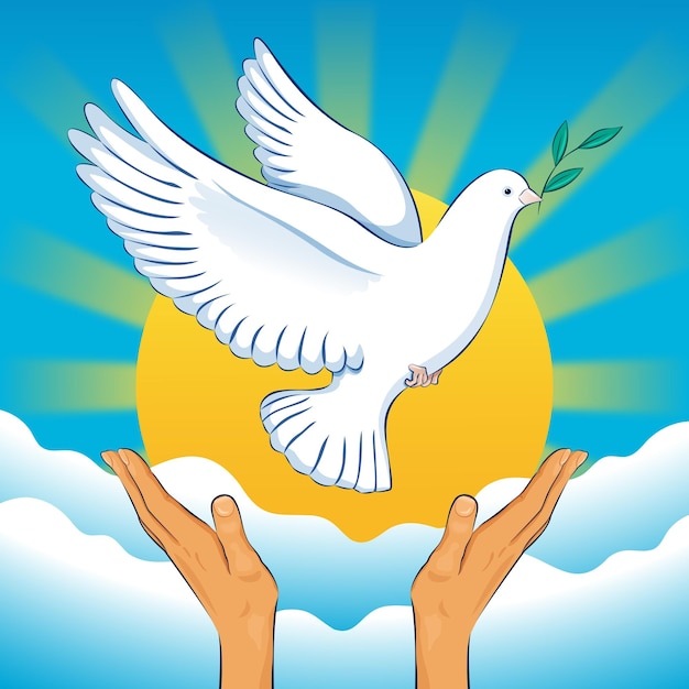 Dove of peace is on the background of clouds yellow sun and blue sky support for Ukraine