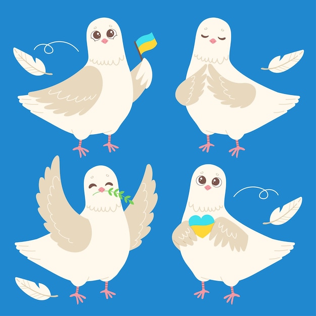 Dove of peace set vector illustration, Russian-Ukranian conflict, no war in Ukraine