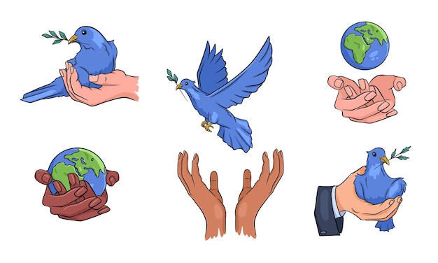 부리에 나뭇가지가 있는 비둘기 손에 비둘기 지구를 보호합시다 세계 평화 벡터 세트 손으로 그린