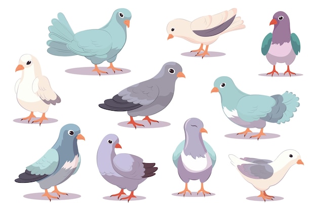 Doves set A set of flat cartoonstyle illustrations featuring doves with a clean and modern design