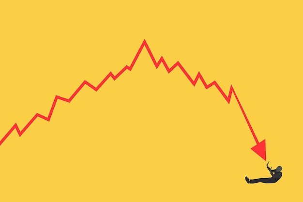 Down arrow graph pushing a businessman economic crisis and financial recession bankruptcy loss concept