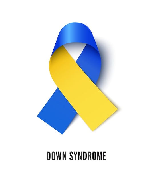 ベクトル ダウン症の意識のシンボルの現実的なベクトル図です。白の背景に分離された青と黄色のリボン。世界精神障害耐性月間、先天性脳疾患連帯