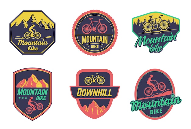 Downhill sticker outdoor freestyle bicycle and bike riders emblems vector set