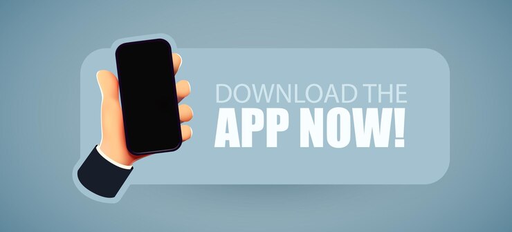Vector download app now application installation banner hand with smartphone