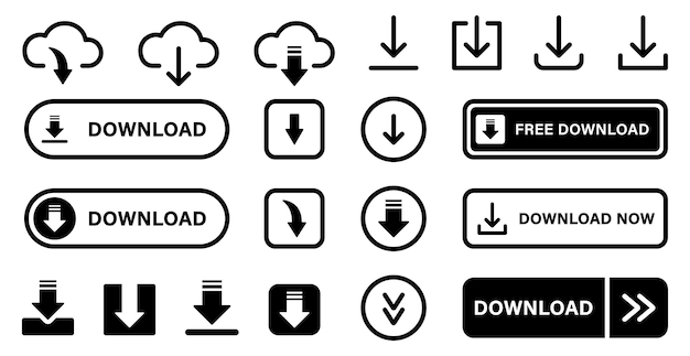 다운로드 버튼 라인 및 실루엣 아이콘 설정 웹 앱 파일 로드 비디오 문서 픽토그램