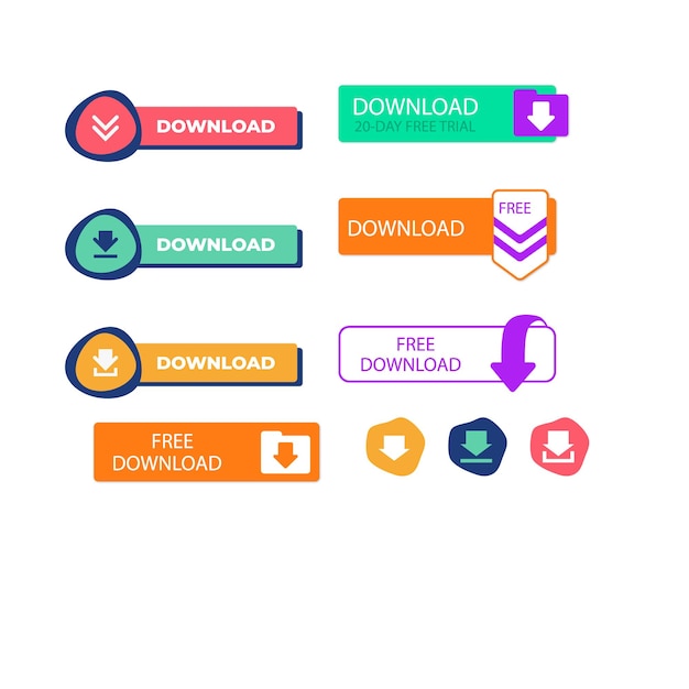 Download buttons design set on transparent background Click push button isolated