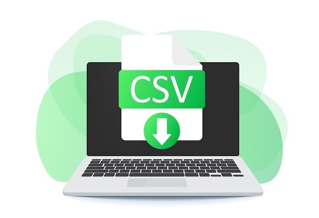 Кнопка загрузки CSV на экране ноутбука. Загрузка концепции документа. Метка CSV и знак стрелки вниз.