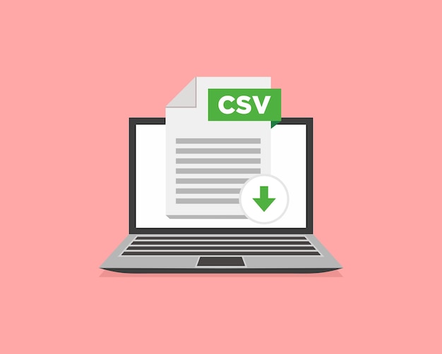 Вектор Кнопка загрузки csv на экране ноутбука загрузка концепции документа файл с меткой csv и знаком со стрелкой вниз векторная иллюстрация