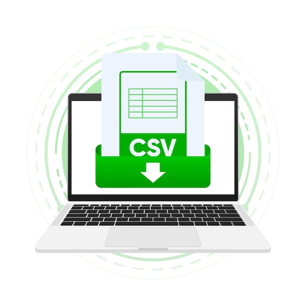 노트북 화면에 레이블이 있는 CSV 파일 다운로드 문서 개념 다운로드 보기 읽기 노트북 및 모바일 장치에서 CSV 파일 다운로드 벡터 그림