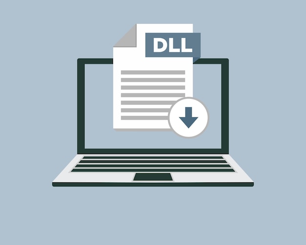 Download dll icon file with label on laptop screen downloading document concept