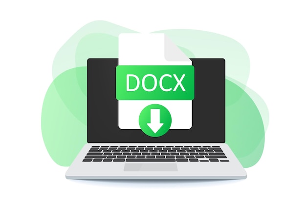 Download DOCX button on laptop screen. Downloading document concept. DOCX label and down arrow sign.