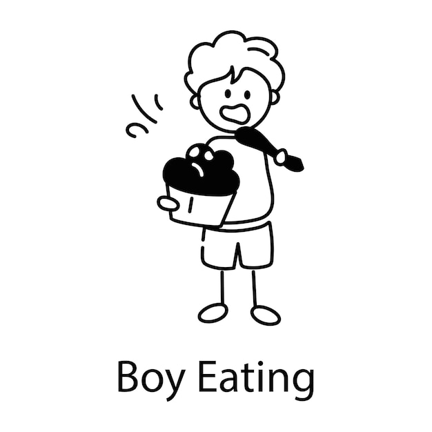 Download doodle icon of boy eating cupcake