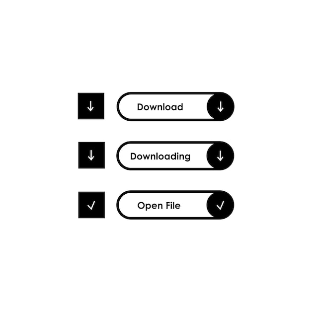 다운로드, 다운로드, 흰색 배경에 설정된 검은색 파일 열기 버튼. 벡터 일러스트 레이 션