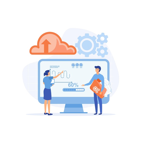 Download file concept. Cloud service and information exchange on Internet. flat vector modern illustration