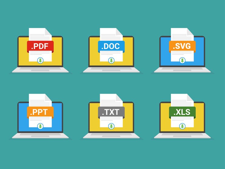 Vector download files button on laptop screen downloading document concept file with label and down arrow sign
