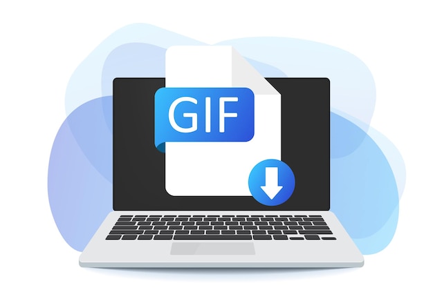 Кнопка загрузки GIF на экране ноутбука. Загрузка концепции документа. Метка GIF и знак стрелки вниз.