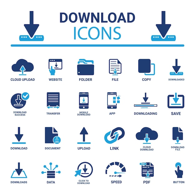 Download icon set Contains upload document link download file folder data and PDF icons Sol