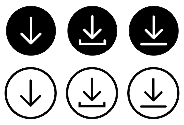 벡터 다운로드 아이콘 설정 웹사이트 버튼 컬렉션 아래로 스트리밍 앱과 웹에 대한 아래로 화살표 라인 아이콘