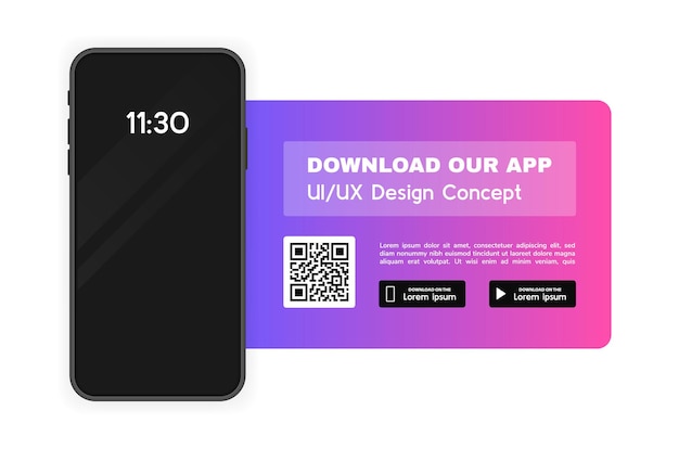 Vettore scarica il nostro banner pubblicitario per app app per telefono cellulare modello di mockup per telefono per la tua applicazione illustrazione vettoriale moderna