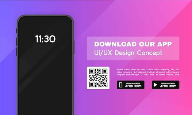 Download our app advertising banner app for mobile phone phone mockup template for your application modern vector illustration