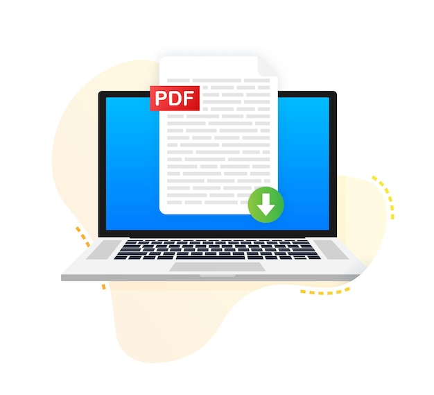 노트북 화면의 PDF 버튼 다운로드 문서 개념 다운로드