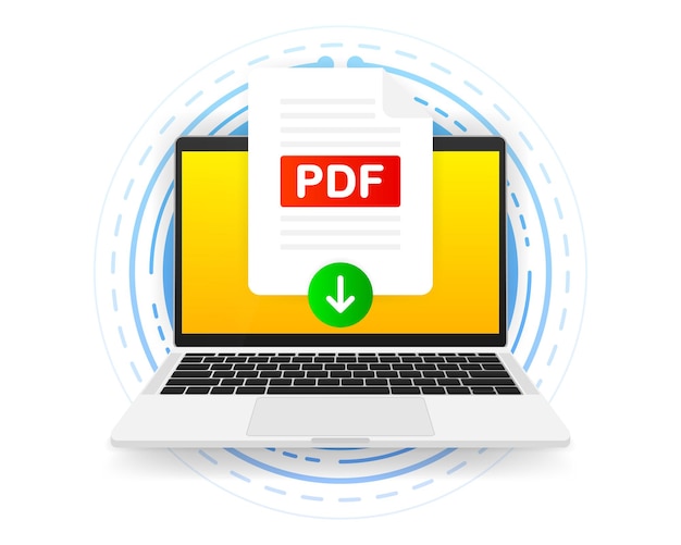 Download PDF icon file with label on screen computer. Downloading document concept. Vector illustration.