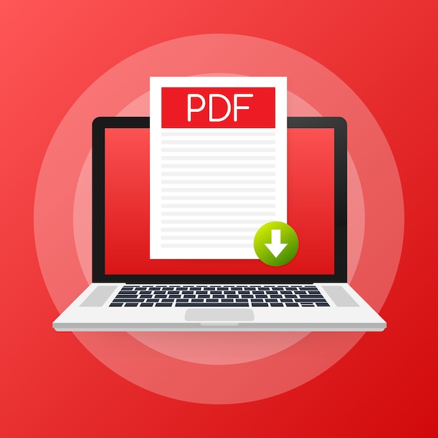 Vector download pdf-knop op laptopscherm. documentconcept downloaden. bestand met pdf-label en pijl-omlaag