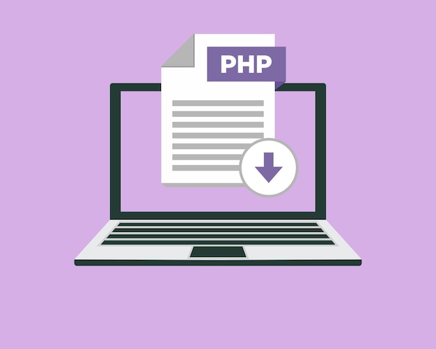 Download php icon file with label on laptop screen downloading document concept