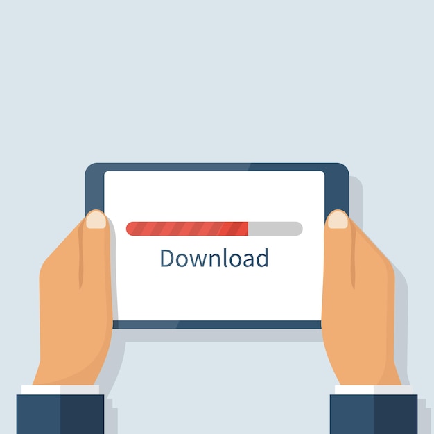 タッチスクリーンタブレットでのダウンロードプロセスユーザーの手にあるモバイルデバイスクラウドインターネットからのドキュメント情報のダウンロードベクトル図フラットデザイン