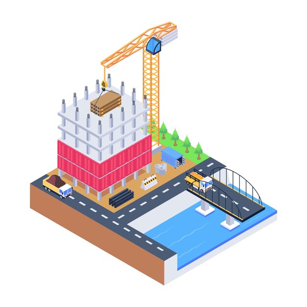 Vettore scarica questa straordinaria illustrazione isometrica dell'edificio in costruzione