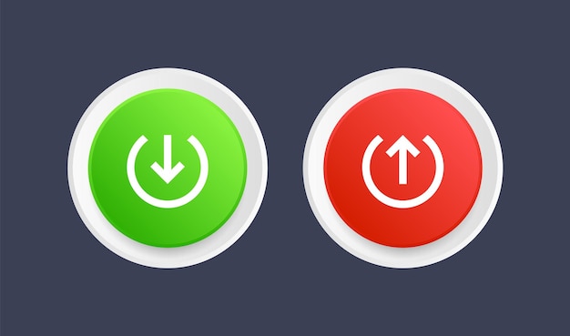 현대적인 원형 버튼 웹 앱 로고 기호에 위쪽 화살표가 있는 아이콘 버튼 다운로드 및 업로드