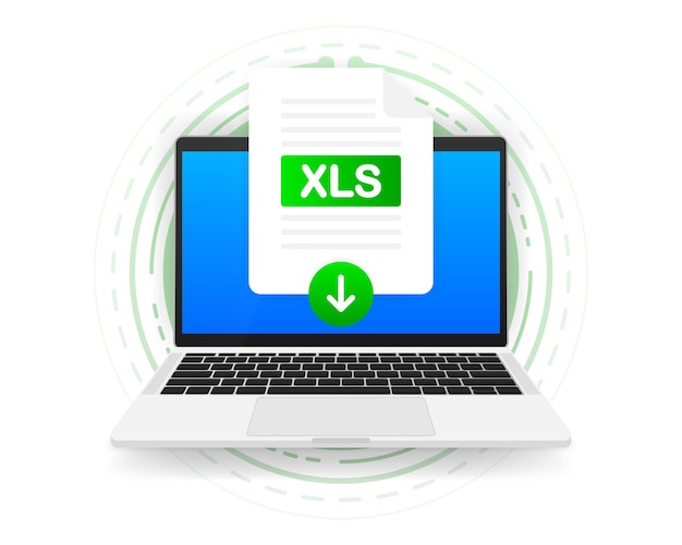 Download xls-pictogrambestand met label op schermcomputer. documentconcept downloaden. vector illustratie.