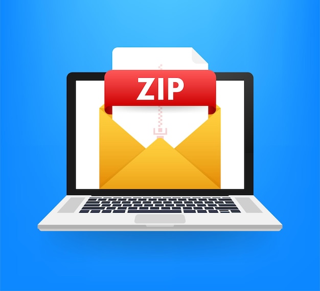 Кнопка загрузки ZIP на экране ноутбука Загрузка концепции документа Файл с меткой ZIP