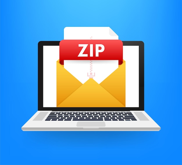 Pulsante download zip sullo schermo del laptop download del concetto di documento file con etichetta zip