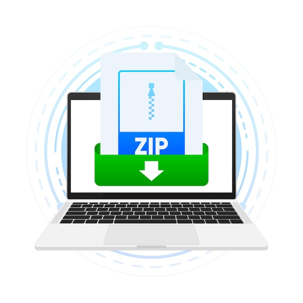 ノートパソコンの画面にラベル付きのZIPファイルをダウンロードするドキュメントのコンセプトをダウンロードするノートパソコンやモバイルデバイスでダウンロードするZIPファイルを表示するベクターイラスト