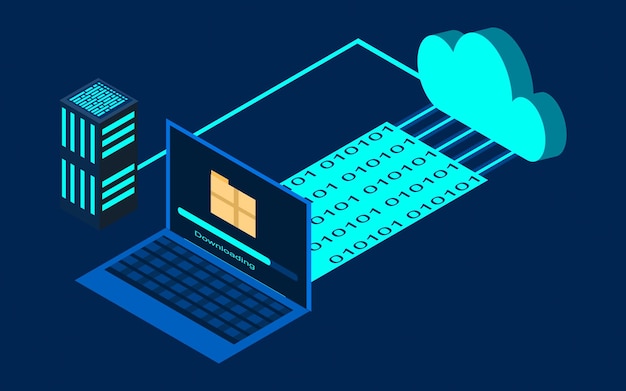 Downloading files from cloud database with laptop using cloud computing technology