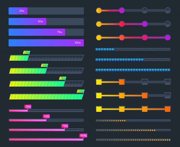 Downloading in progress hud interface elements. Futuristic progress loading bars vector set isolated