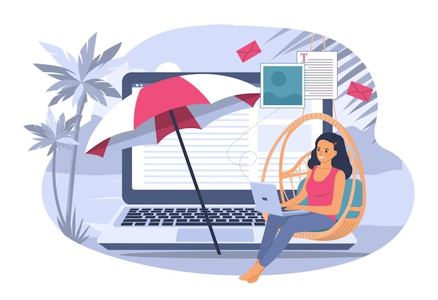 Downshifting concept Young woman working remotely creating content Vector illustration