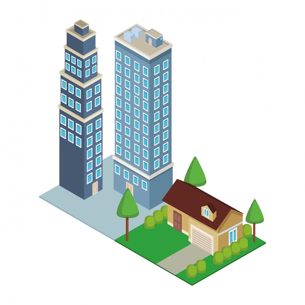 Vector downtown and house building isometric