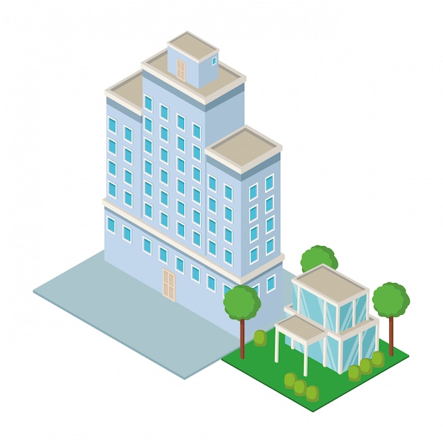 Downtown and house building isometric