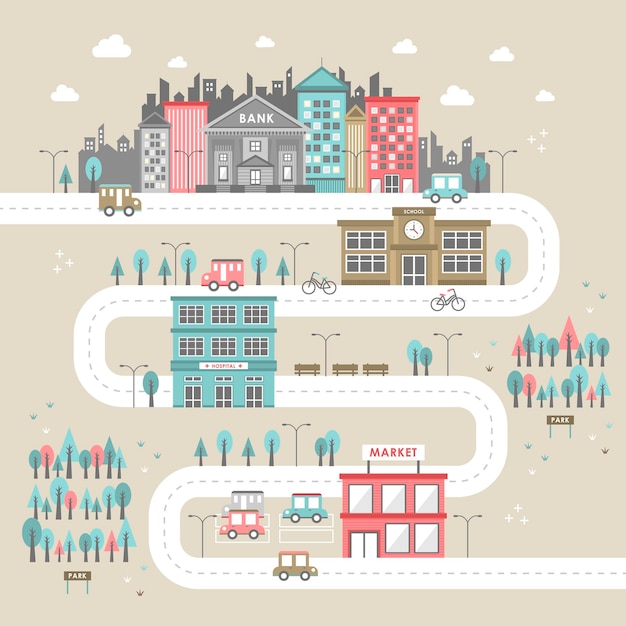 Downtown scenery in flat design