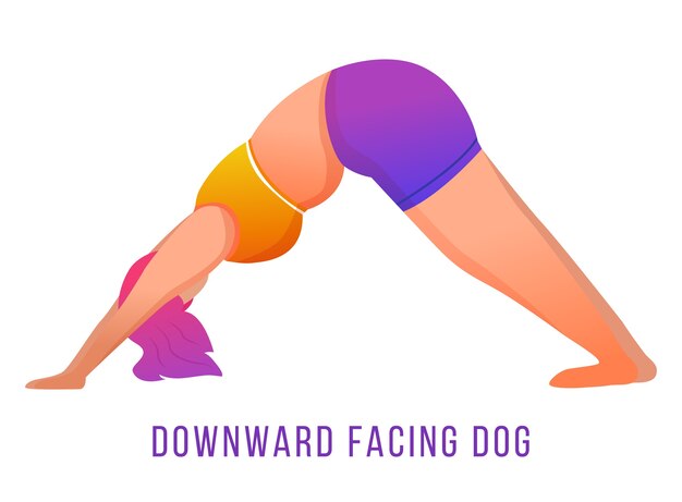 下向きの犬のポーズフラットイラスト。 Adho MukhaShvanasana。オレンジと紫のスポーツウェアでヨガをしているコーカサス地方の女性。トレーニング、フィットネス。白い背景の上の孤立した漫画のキャラクター