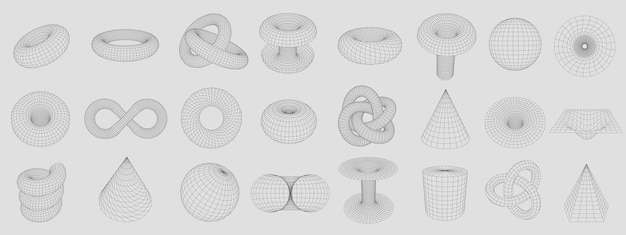 Vector draadframe torusvormen abstracte 3d-rastervormen geometrische mesh tunnel vortex en donut vector set met bewerkbare lijnpaden futuristische oppervlak geïsoleerde cilinder- en ringmodellen