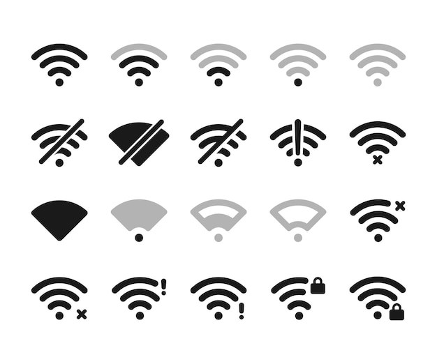 Draadloze pictogramreeks. Geen wifi. Verschillende niveaus van wifi-signaalpictogram. Set van draadloze en wifi-pictogrammen