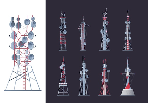 Draadloze torens netwerkcommunicatie gebouwen modern buiten slim systeem opzichtig vectortorens foto's