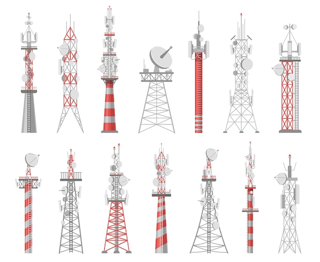 Draadloze torens. Telecommunicatie netwerk toren. Verbindingssystemen voor mobiele en radiogolven. Communicatie satellietantennes vector set. Technologie bouwstation voor signaal