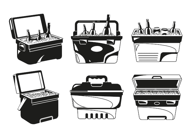 Draagbare koelkasten Containers voor het bewaren en koelen van voedsel en dranken Geïsoleerde zwarte Vector Icons Set