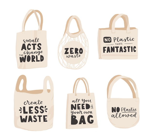 Draagtas met handgetekende letters. plastic free future en set productenzakken om te winkelen, opslag. vlakke stijl vectorillustratie voor eco-winkel, natuurvoedingswinkel, lokale marktbanner, veganistische site