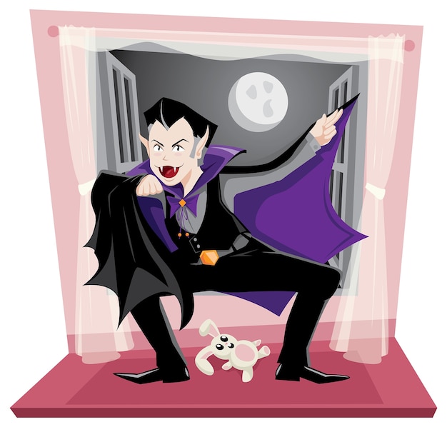 Vector dracula coming through the window to surprise you with fear